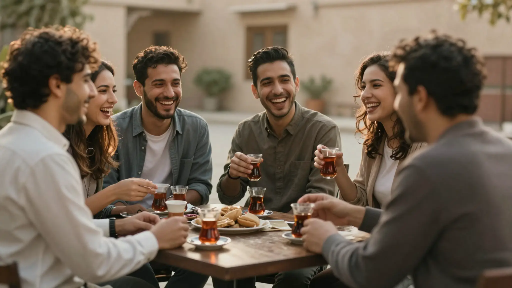 مجموعة من الأصحاب يجتمعون في جلسةٍ ودّية يتبادلون الحديث والضحك، تعبيرًا عن معنى الصداقة الحقّة والوفاء